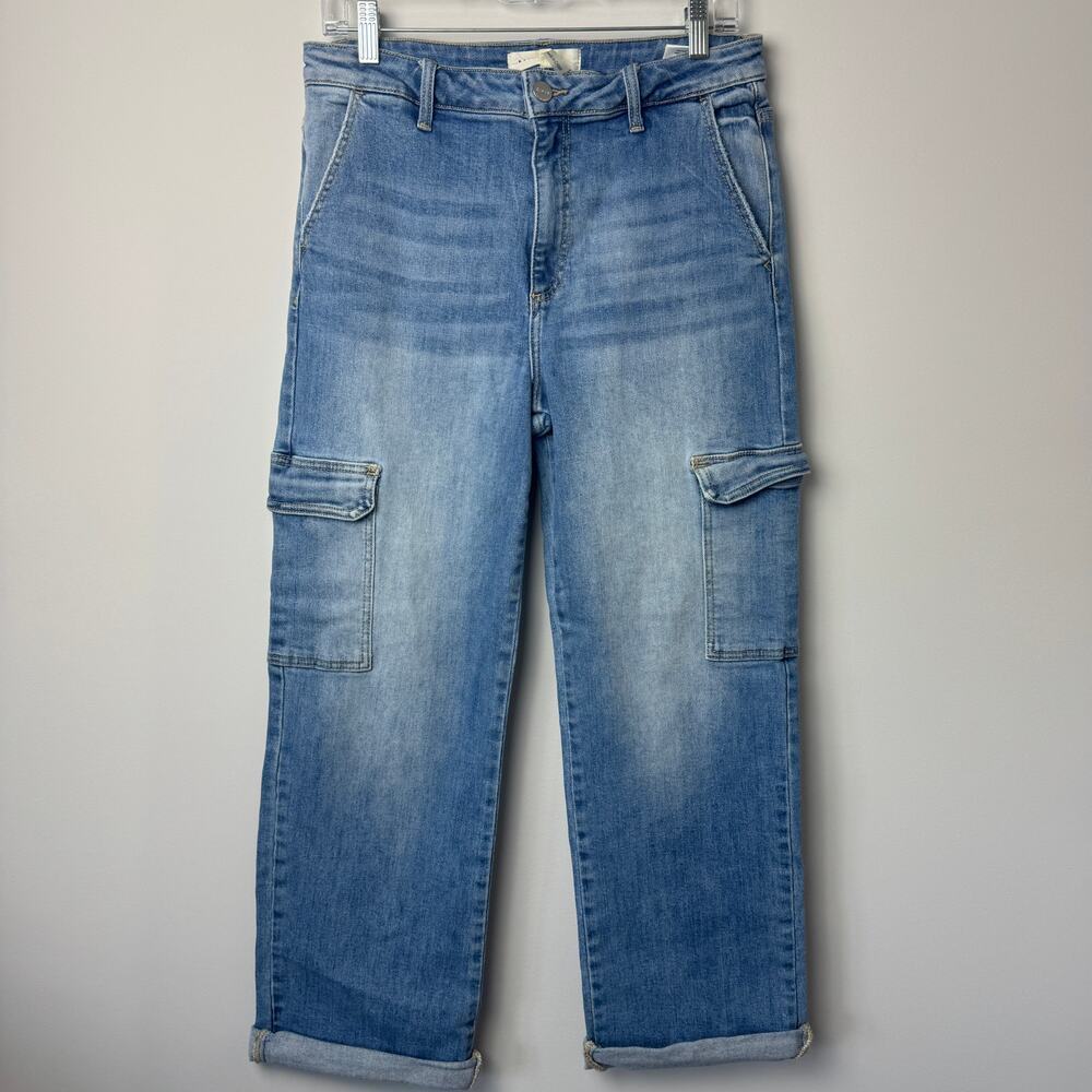 Risen RDP5659 High Rise Crop Straight Cargo Side Pocket Roll Up Denim Jeans